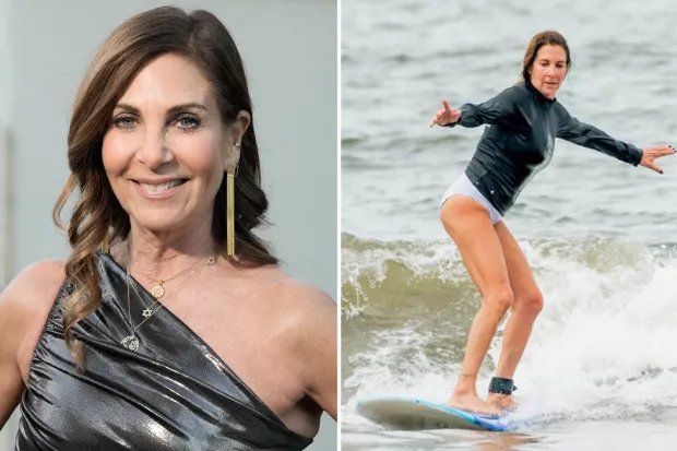 Leslie Fhima, a finalist for Golden Bachelor, shows off her dancer’s form in a swimsuit while surfing in Costa Rica.
